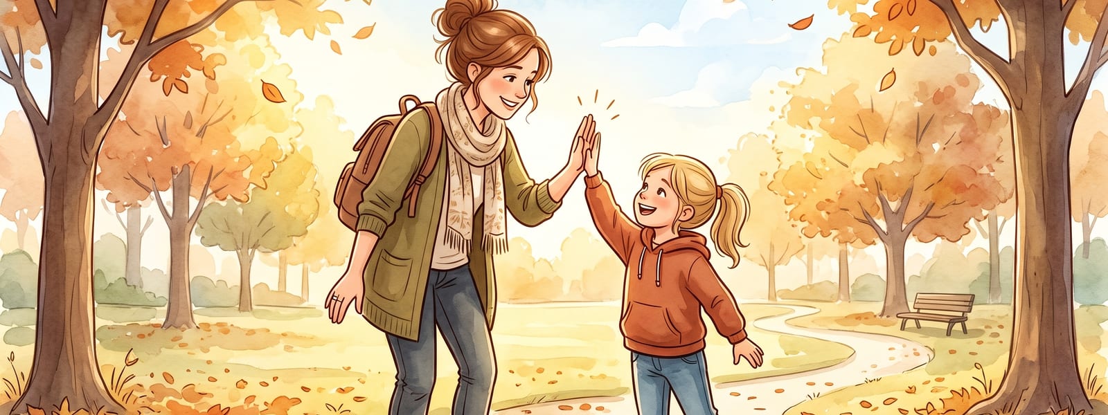 A parent and child high-fiving on a walk together